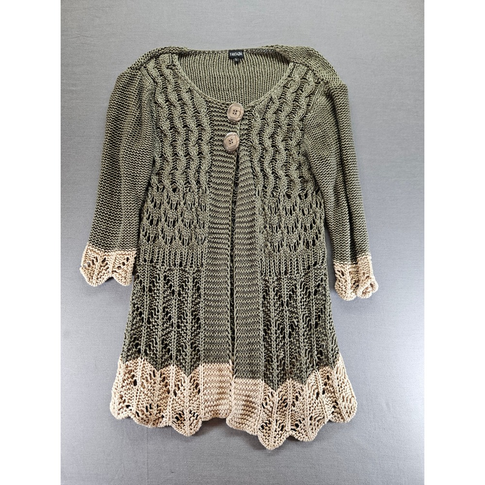 Fantazia Olive Green Tan Open Knit Cardigan Sweater Boho Pointelle Scalloped L